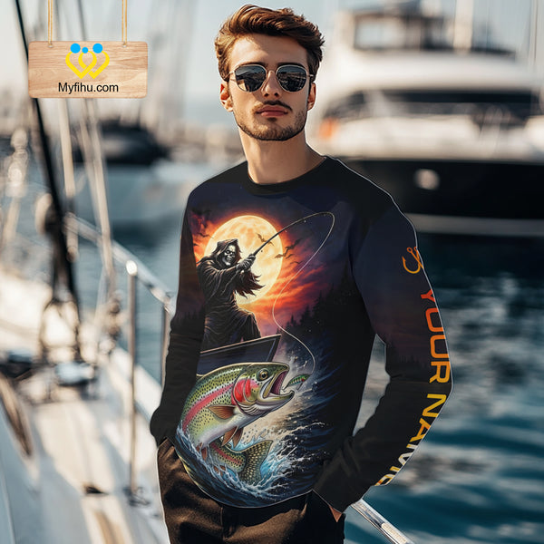 Personalized Fish Reaper Fishing Jerseys, Fish Reaper Sunset Rainbow Trout Fishing Shirts Long Sleeve NHT832