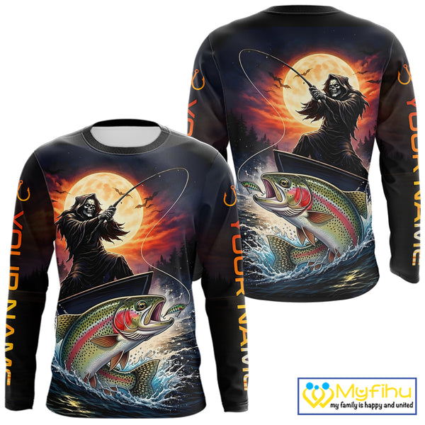 Personalized Fish Reaper Fishing Jerseys, Fish Reaper Sunset Rainbow Trout Fishing Shirts Long Sleeve NHT832