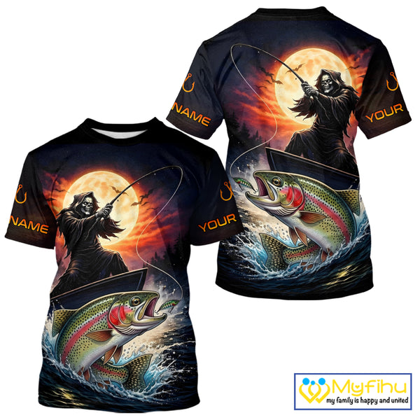 Personalized Fish Reaper Fishing Jerseys, Fish Reaper Sunset Rainbow Trout Fishing Shirts T - Shirt NHT832