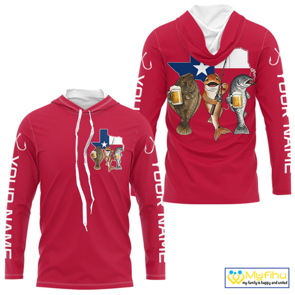 Texas Slam Funny Fishing Redfish, Trout, Flounder Fishing Shirts Long Sleeve Hooded For Men| Red NHT844