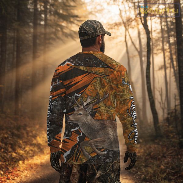 Best Deer Hunting Shirt Personalized 3D All Over Print Black With Orange Camo Hunting Clothes NHT61