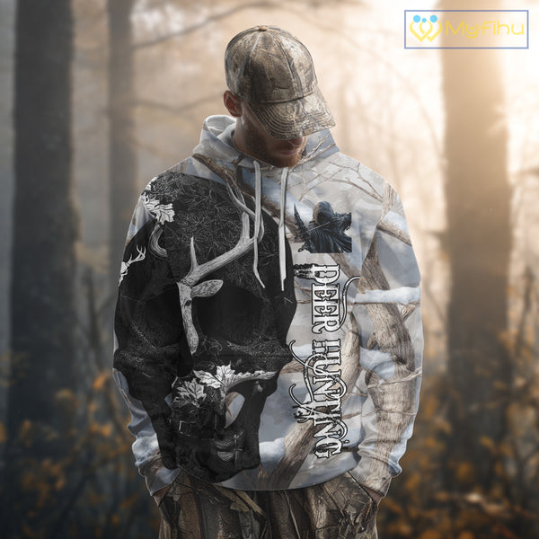 Snow Deer Hunting Shirt Deer Skull Camo Full Printing Custom Name For Deer Hunters, Best Hunting Gifts NHT21