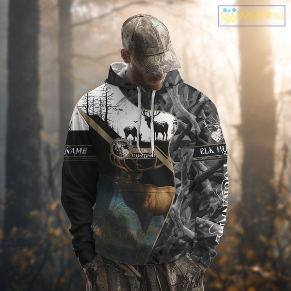 Custom 3D Elk Hunting Shirt With Black Camo Pattern And Full All-Over Elk Print For Hunters  NHT78