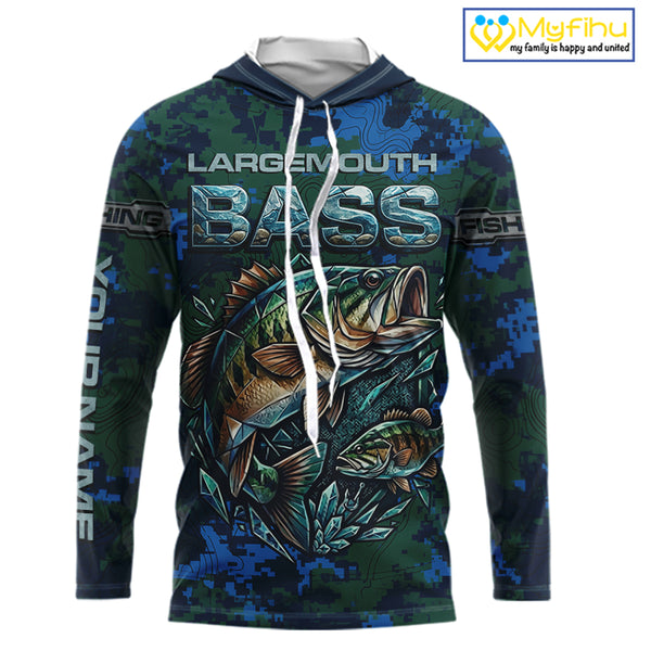 Green Camo Bass Fishing Shirt Long Sleeve Hooded, Bass Fishing Jersey, Performance Fishing Apparel NHT877