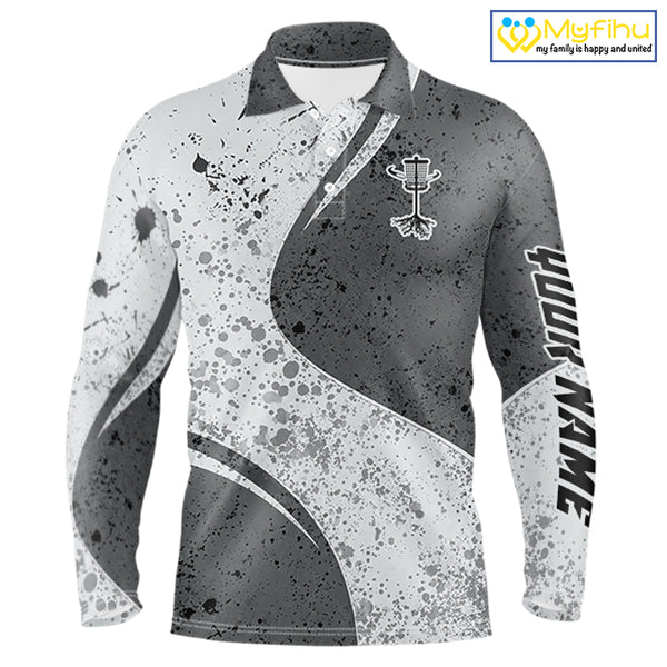 Mens Disc Golf Polo Shirt Gray Camo Disc Golf Basket, Personalized Disc Golf Shirts NHT896