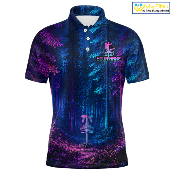 Mens Disc Golf Polo Shirt Custom Forest Neon Disc Golf Basket, Personalized Disc Golf Shirts NHT837