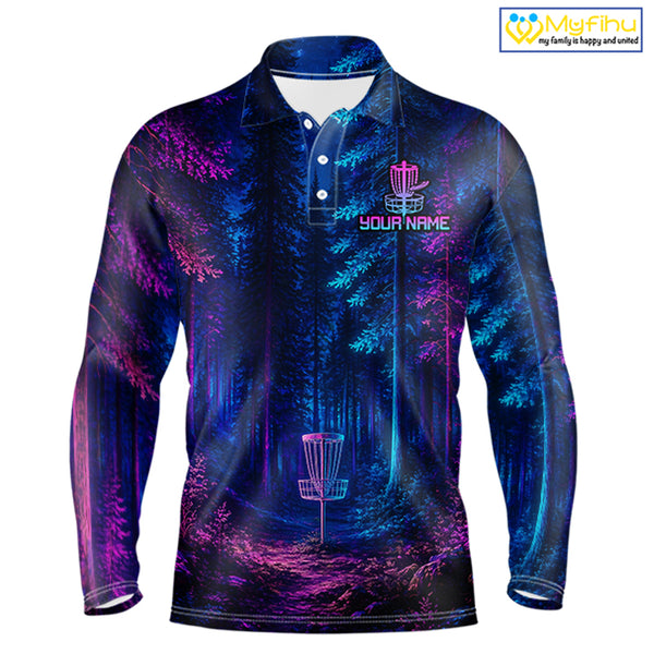 Mens Disc Golf Polo Shirt Custom Forest Neon Disc Golf Basket, Personalized Disc Golf Shirts NHT837