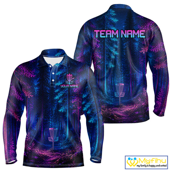 Mens Disc Golf Polo Shirt Custom Forest Neon Disc Golf Basket, Personalized Disc Golf Shirts NHT837