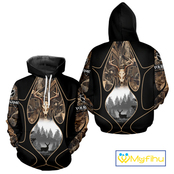 Deer Hunting Shirt 3D All Over Print Skull Deer Personalized Name, Hoodie Hunting For Men NHT363