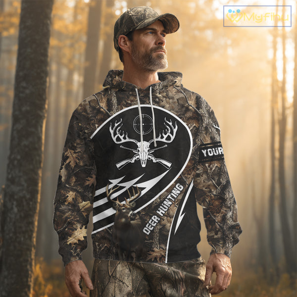Skull Deer Hunting Hoodie and Sweatshirt – Brown Camo Gear with Custom Name for Hunters NHT345