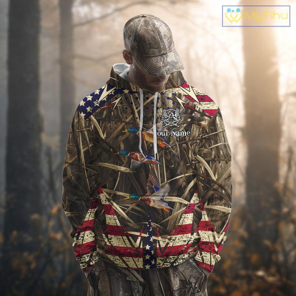 Beautiful Mallard Duck Hunting Waterfowl Camouflage Shirt with US Flag Duck Hunting Season NHT122