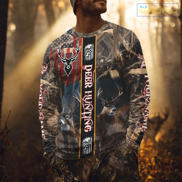 Whitetail Deer Camouflage US Flag Personalized Hunting Shirts, Hoodie Hunting Gift NHT321
