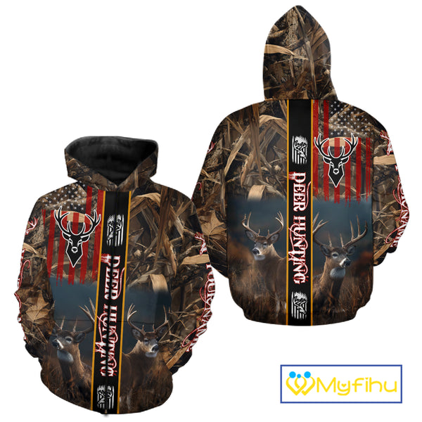 Whitetail Deer Camouflage US Flag Personalized Hunting Shirts, Hoodie Hunting Gift NHT321