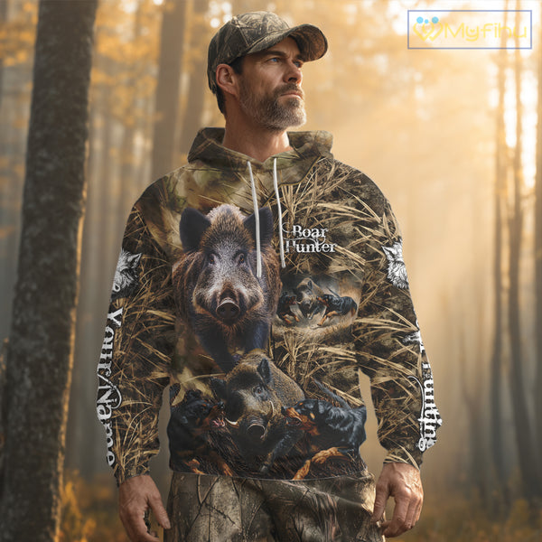 Wild Boar Hunting Camo Custom Name Shirts, Personalized Boar Hunting Clothes, Hunting Gifts NBT108