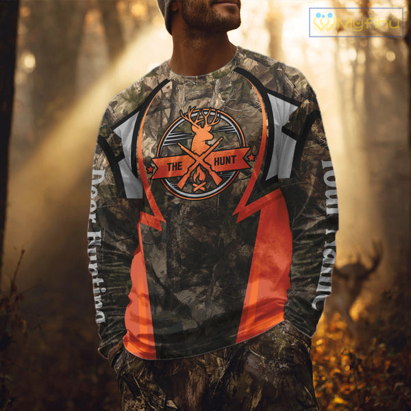 Orange Deer Hunting Brown Camouflage 3D Custom Name Shirts, Best Camo Deer Hunting Gift NBT204