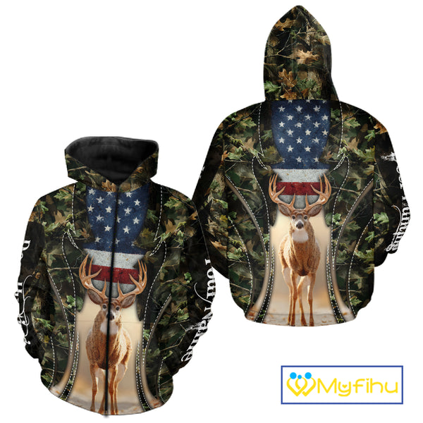 Patriotic Green Camo Deer Hunting Shirt – American Flag Whitetail Buck, Custom Name for Men NBT34