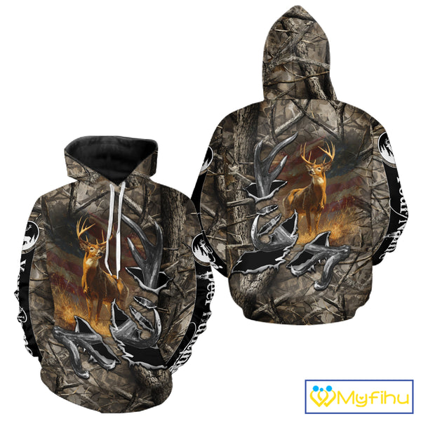 American Flag Camo Deer Hunting Shirts with Antler for Men, Hunting Gift Ideas for Hunters NBT46