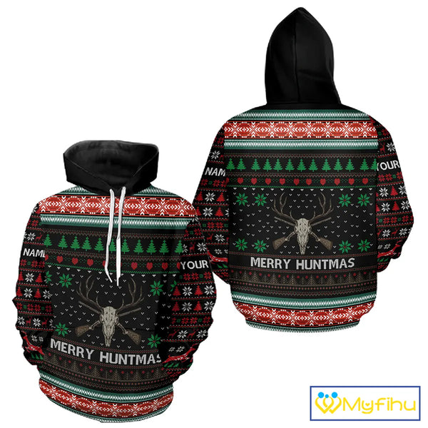 Merry Huntmas Deer Hunting Skull Custom Name Ugly Christmas All Over Printed Shirts, Christmas Gift NBT299