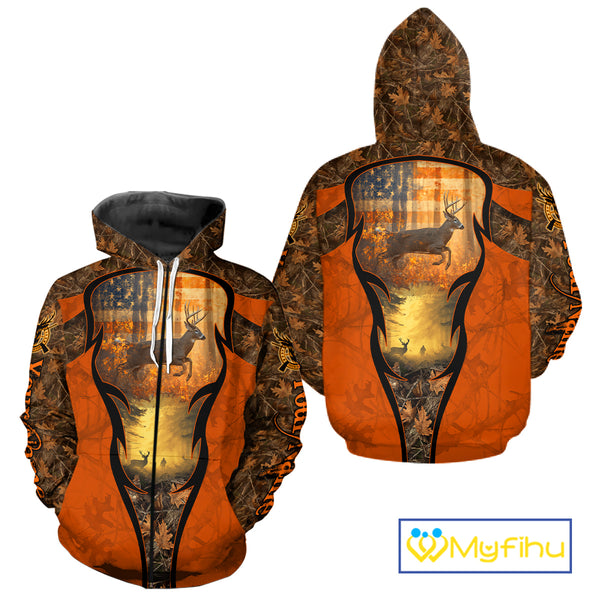 Deer Hunting Autumn Blaze Camo with American Flag Shirts for Men, Best Gift Ideas for Hunter NBT41