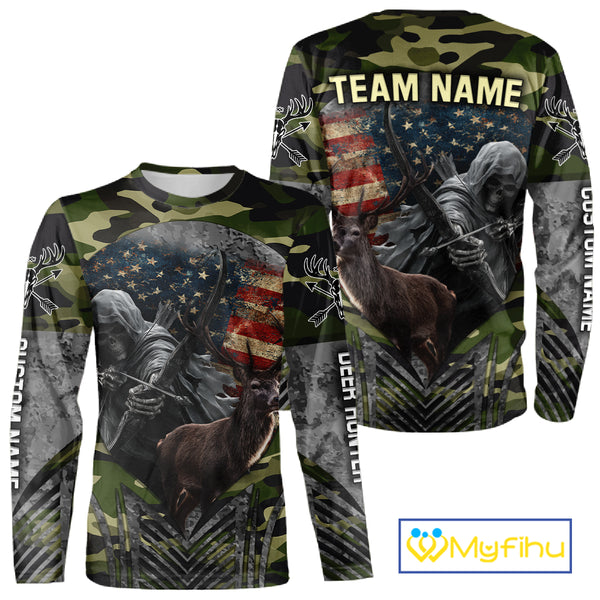 Grim Reaper US Flag Deer Hunting Hoodie, Longsleeve Shirt, Gifts for Hunters NBT07
