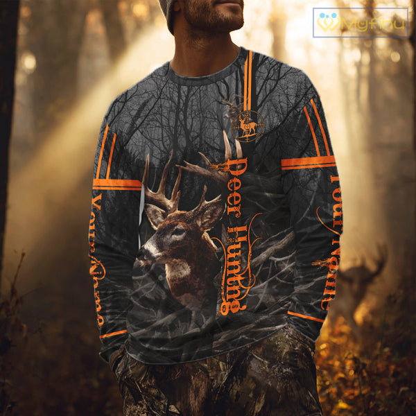 Custom Shadow Buck Black Camo Deer Hunting Shirts for Men, Deer Hunting Crew Clothes NBT54