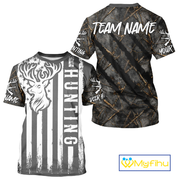 Personalized Dark Camo Deer Hunting Shirt with US Flag & Deer Buck, Hunter Gifts NBT60