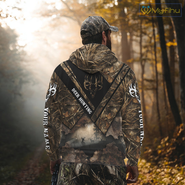 Deer Hunting Shirt Custom Name 3D All Over Print with Deer Skull & Brown Camo For Deer Hunters NBT79