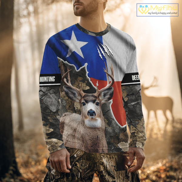 Deer Hunting Camo Texas Flag 3D All Over Print Shirts for Deer Hunter, Hunting Gifts for Men NBT23