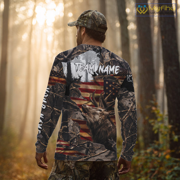 Best Elk Hunting Camo Shirt with Big Buck and US Flag – Hunting Apparel for Men, Hunter Gifts NBT51