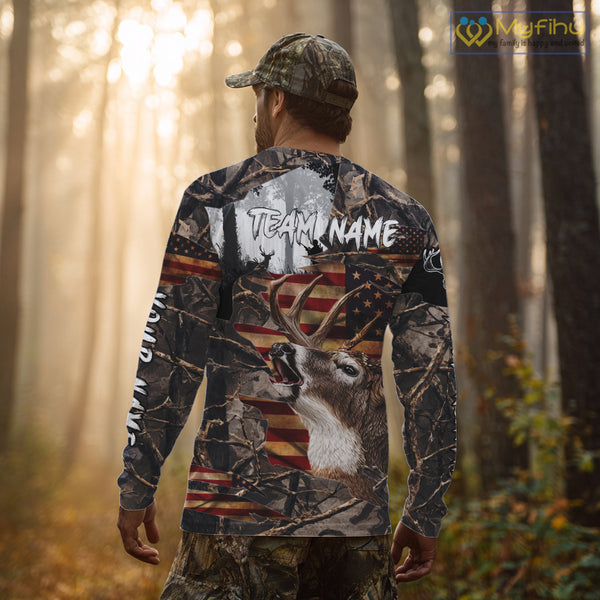 Best Deer Hunting Camo Shirt with Big Buck and US Flag – Hunting Apparel for Men, Hunter Gifts NBT61