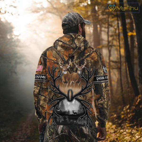 Whitetail Deer Hunting Camouflage Shirts with US Flag, Custom Hunting Shirt for Hunters NBT164