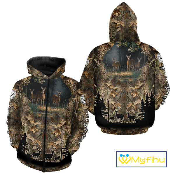 Deer Hunting 3D All Over Print Shirt Custom Brown Fall Season Camo Hunting Clothes NBT322