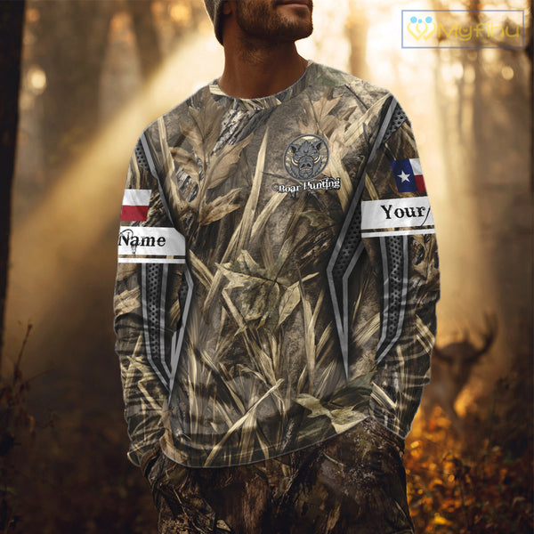 Texas Flag Wild Boar Hunting Camo Custom Name Shirts, TX Hog Hunting Shirt for Hunter NBT174