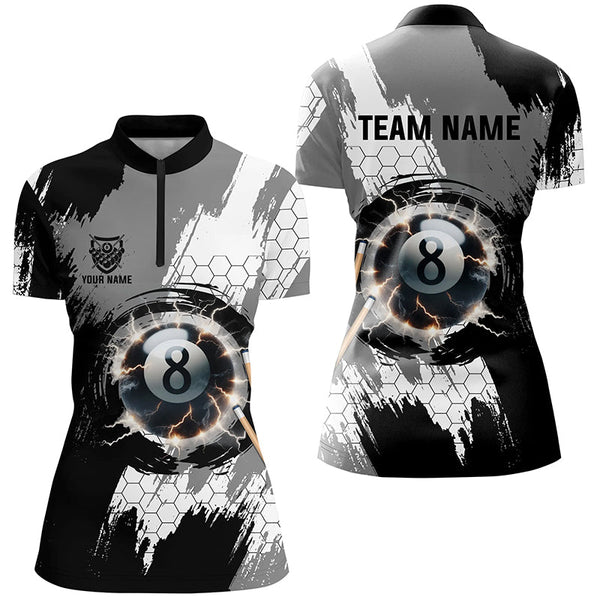 Personalized Black Grey Lightning 8 Ball Billiards 3D Shirts For Women 8 Ball Pool Team Jerseys VHM1175