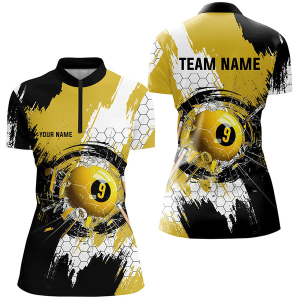 Personalized Black Yellow Glass Break 9 Ball Pool Polo Shirts For Women Custom 9 Ball Pool Jerseys VHM1176