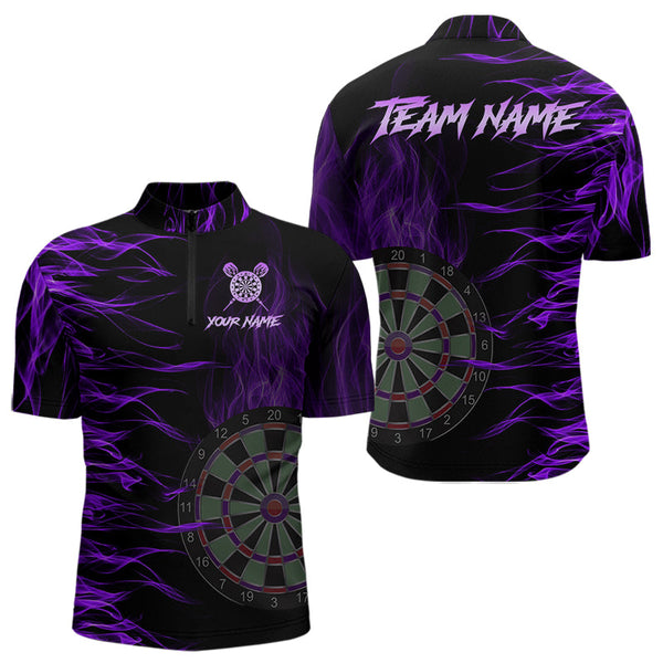 Personalized Purple Flaming 3D Fire Dart Shirts For Men Custom Team Dart Jerseys Polo & Quarter Zip TDM3686