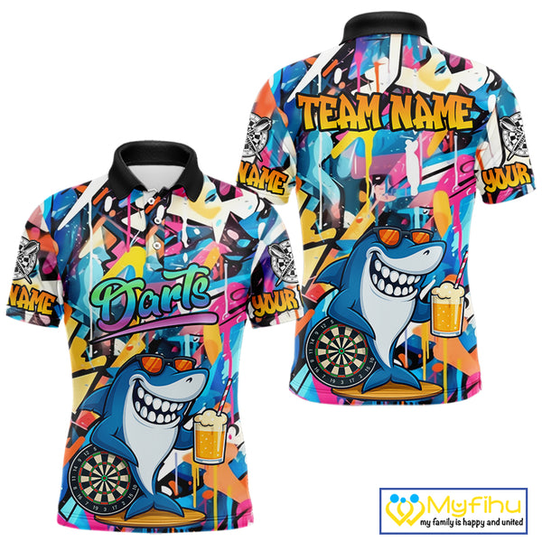 Funny Shark Colorful Graffiti Style Custom Dart Shirts For Men, Dart Team Jersey Best Darts Outfit TDM3849