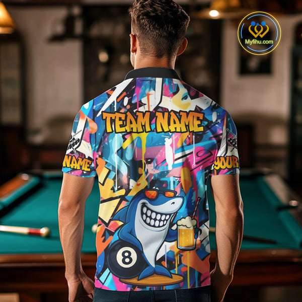 Funny Shark Colorful Graffiti Style Custom 8 Ball Billiard Shirt For Men Best Billiard Team Jersey TDM3850