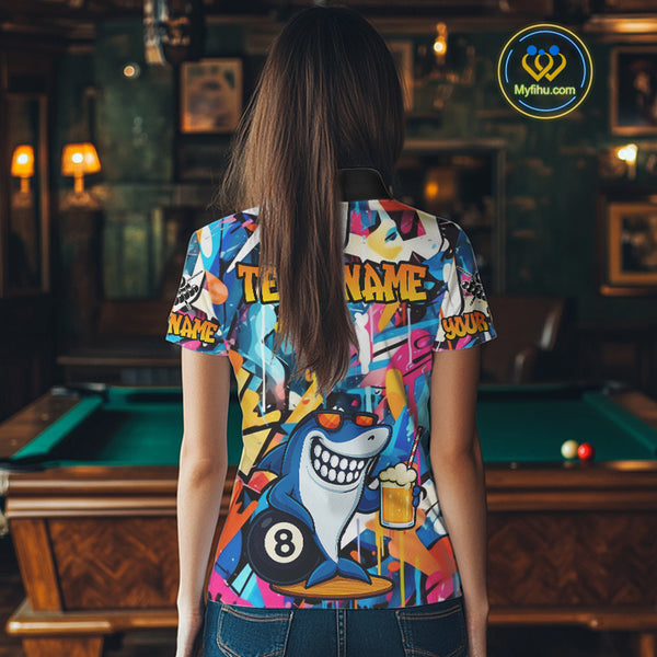 Funny Shark Colorful Graffiti Style Custom 8 Ball Billiard Shirt For Women Best Billiard Team Jersey TDM3850