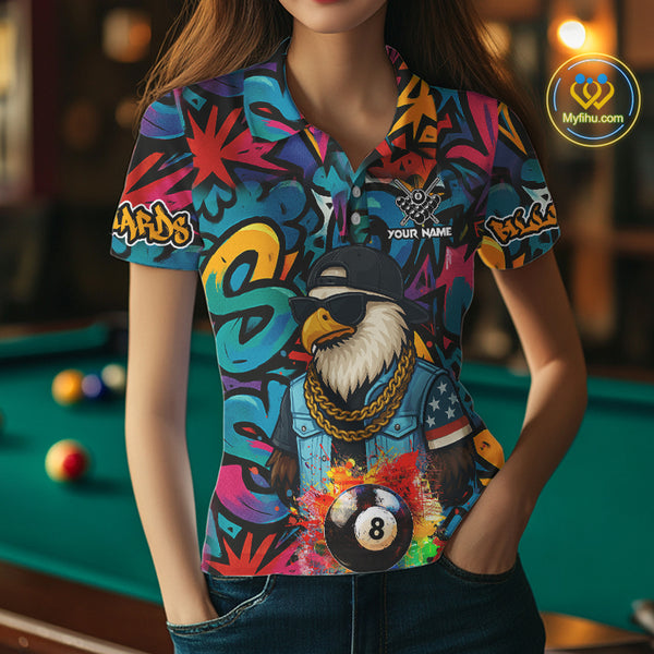 Funny Eagle Colorful Graffiti 8 Ball Billiard Shirt For Women Custom Billiard Jersey Pool Team Shirts TDM3854