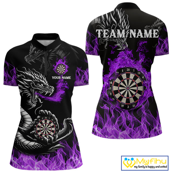Personalized Purple Flaming Dragon Dart Shirts For Women Custom Dart Team Jerseys Polo & Quarter Zip TDM4309