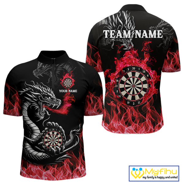 Personalized Red Flaming Dragon Dart Shirts For Men Custom Darts Team Jerseys Polo & Quarter Zip TDM4310