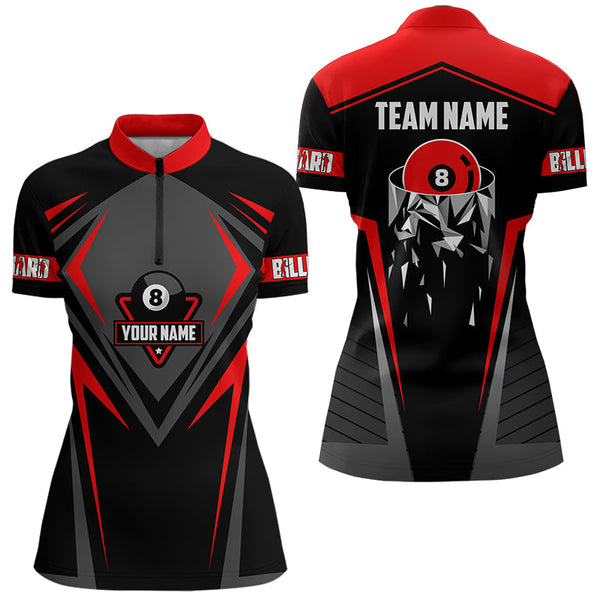 Black And Red 8 Ball Pool Billiard Jerseys For Women Custom Polo & Quarter Zip Billiard Team Shirts TDM3387