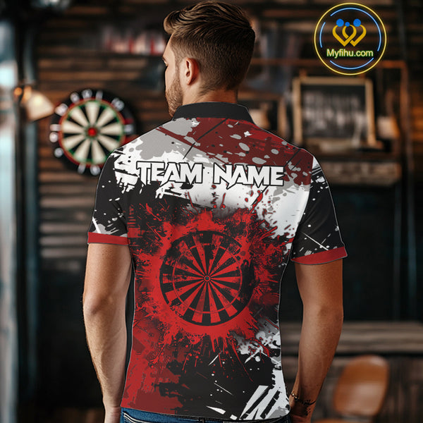 Red Grunge Paint Splash Dart Polo & Quarter Zip Custom Dart Shirts For Men Darts Team Jerseys  TDM3858