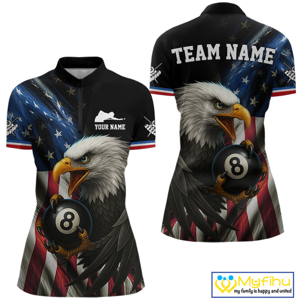 American Flag Eagle 8 Ball Womens Billiard Polo & 1/4 Zip Custom Patriotic Team Billiard Pool Jersey TDM3866