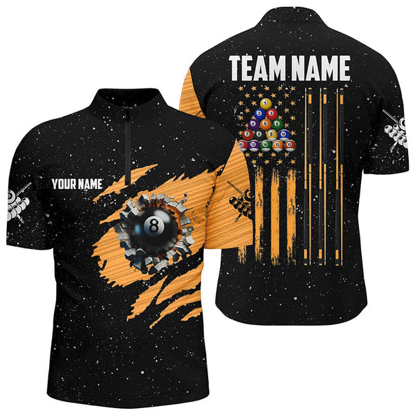 Customized Grunge American Flag 8 Ball Pool Men Billiard Polo Shirts, Pool Player Shirts |Orange TDM3171