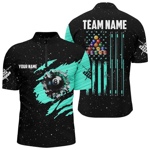 Customized Grunge American Flag 8 Ball Pool Men Billiard Polo Shirts, Pool Player Shirts |Turquoise TDM3172