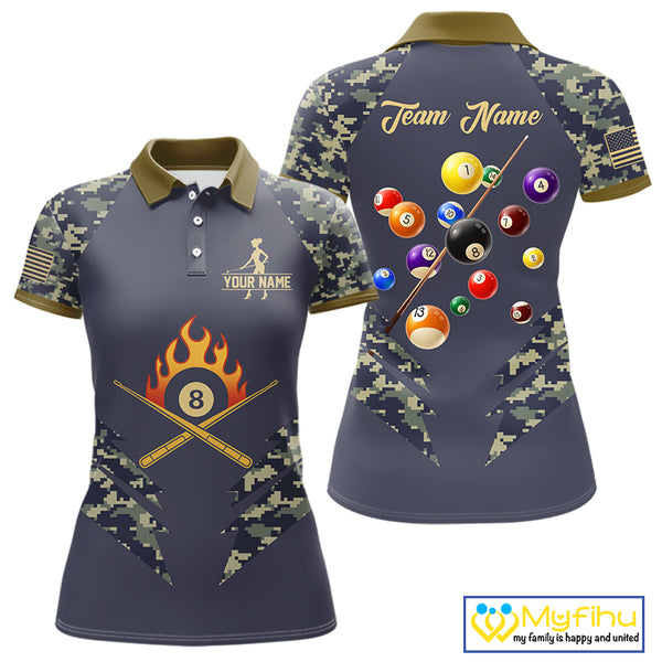 Personalized Flame 8 Ball Camo Billiard Shirts Custom Navy Blue Pool Team Jerseys Polo & 1/4 Zip TDM4332
