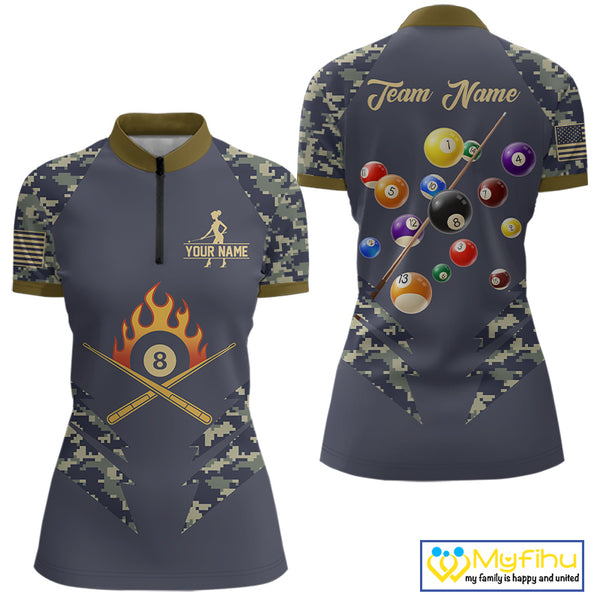 Personalized Flame 8 Ball Camo Billiard Shirts Custom Navy Blue Pool Team Jerseys Polo & 1/4 Zip TDM4332