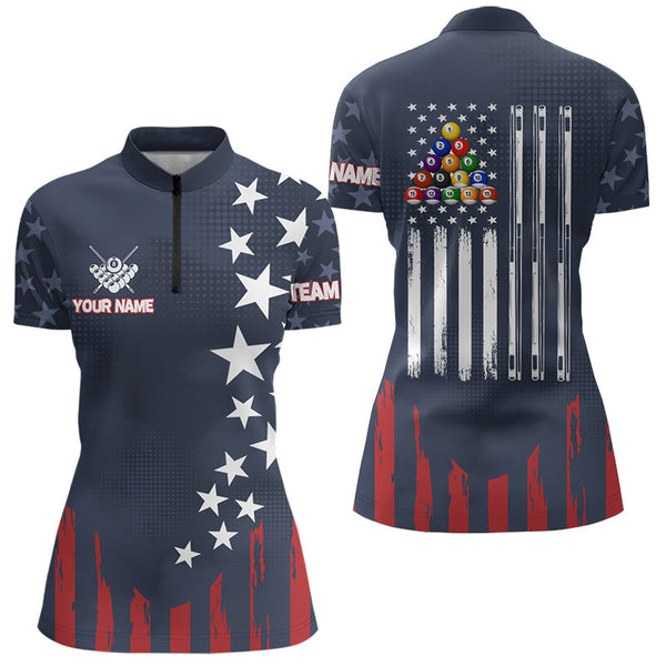 Personalized American Flag Blue Navy Billiard Shirt For Women Custom Patriotic Billiard Pool Jerseys TDM3404